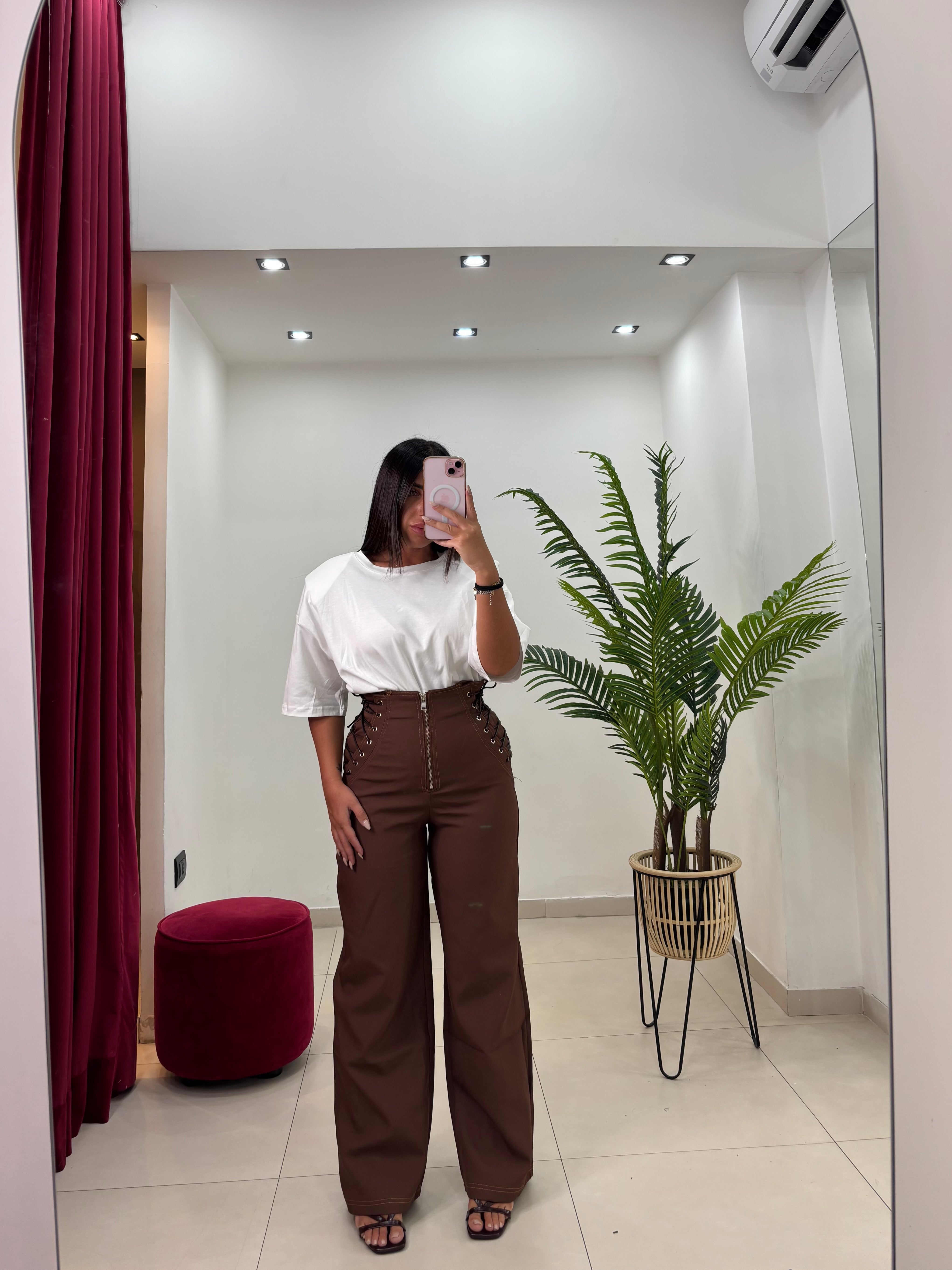 Pantalone Vita Alta con lacci Marrone