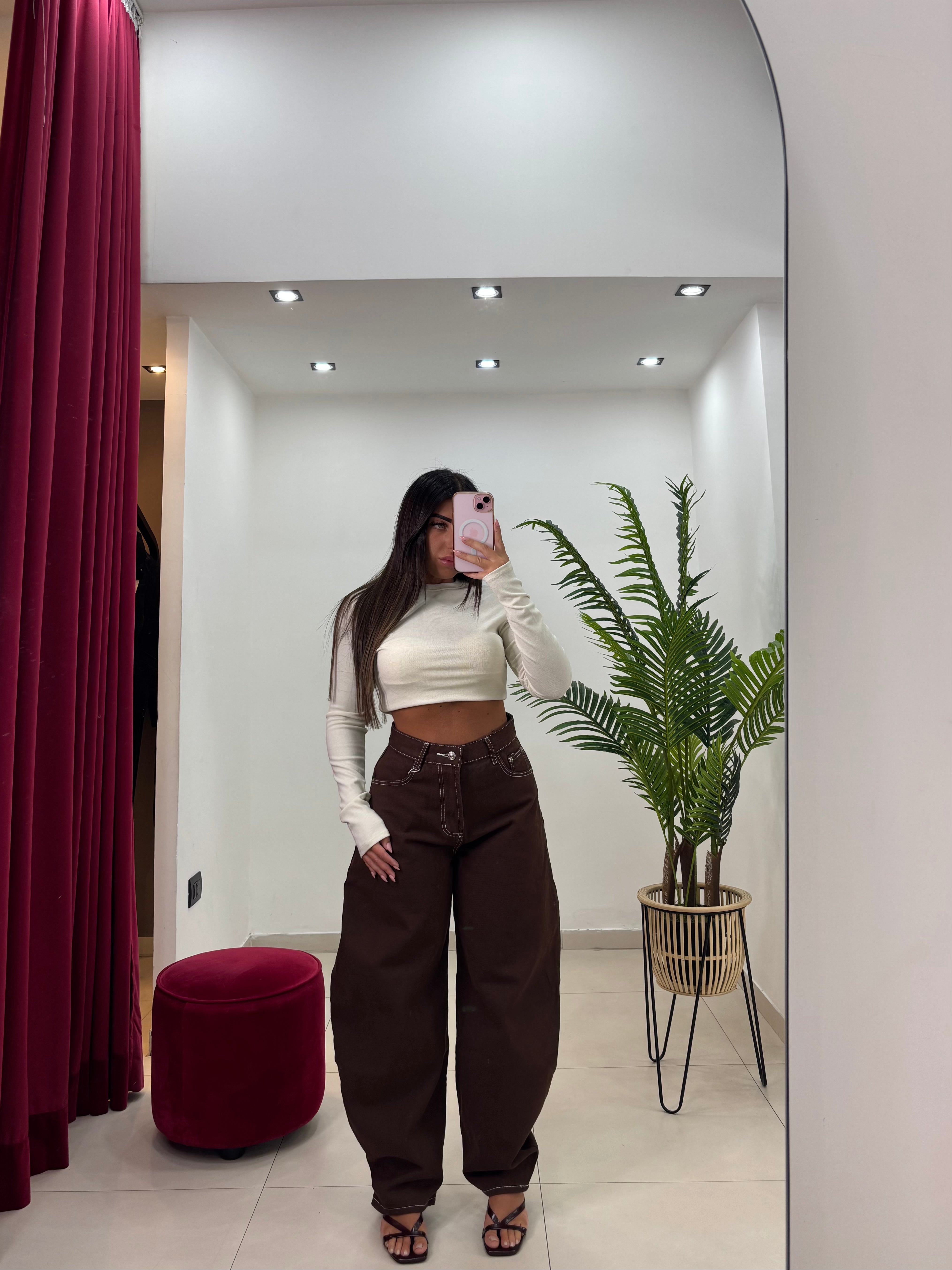 Jeans Balloon Brown con cuciture bianche