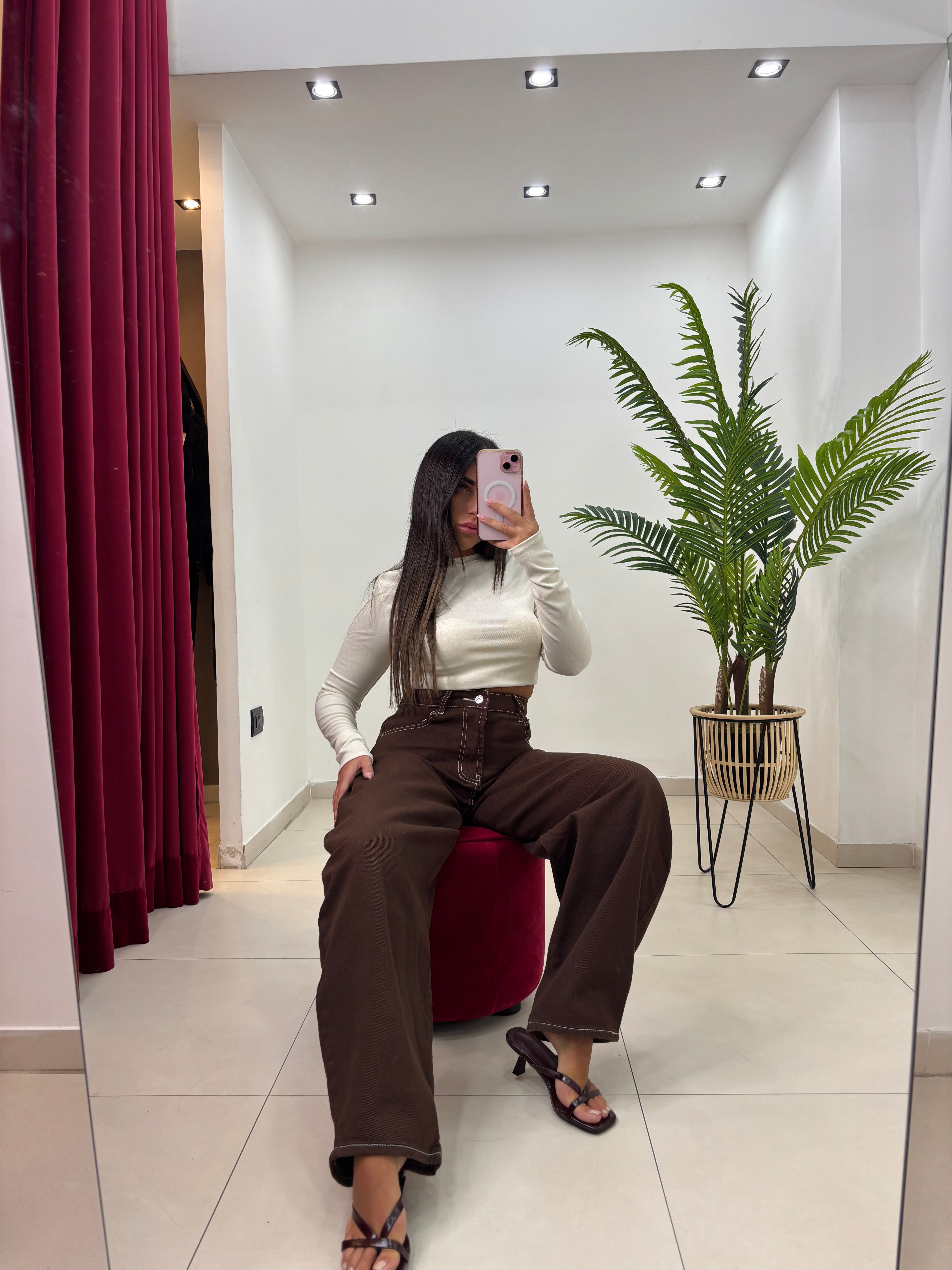 Jeans Balloon Brown con cuciture bianche